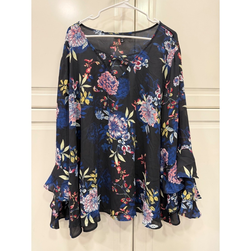 Chelsea Studio 3X Black Floral Ruffle Sleeve Blouse Polyester 30 32